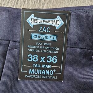 NEW Murano ZAC Dress Pants‎ Men 38 x36 Classic Flat Front Navy Stretch Waistband